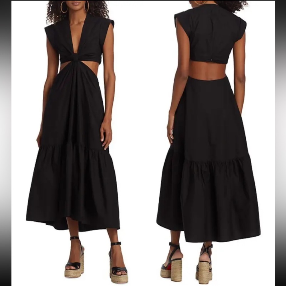 Jason Wu Waist Cutout Cuffed Cap Sleeve V-Neck Satin Dress Black, Size S, $400